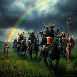 A fantastical scene featuring Grasshof demons riding in the fields of Barkley, heading into a storm with a rainbow in the background