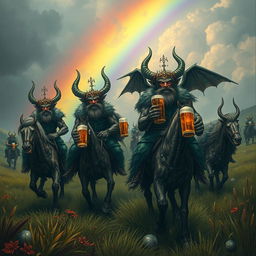 A fantastical scene featuring Grasshof demons riding in the fields of Barkley, heading into a storm with a rainbow in the background