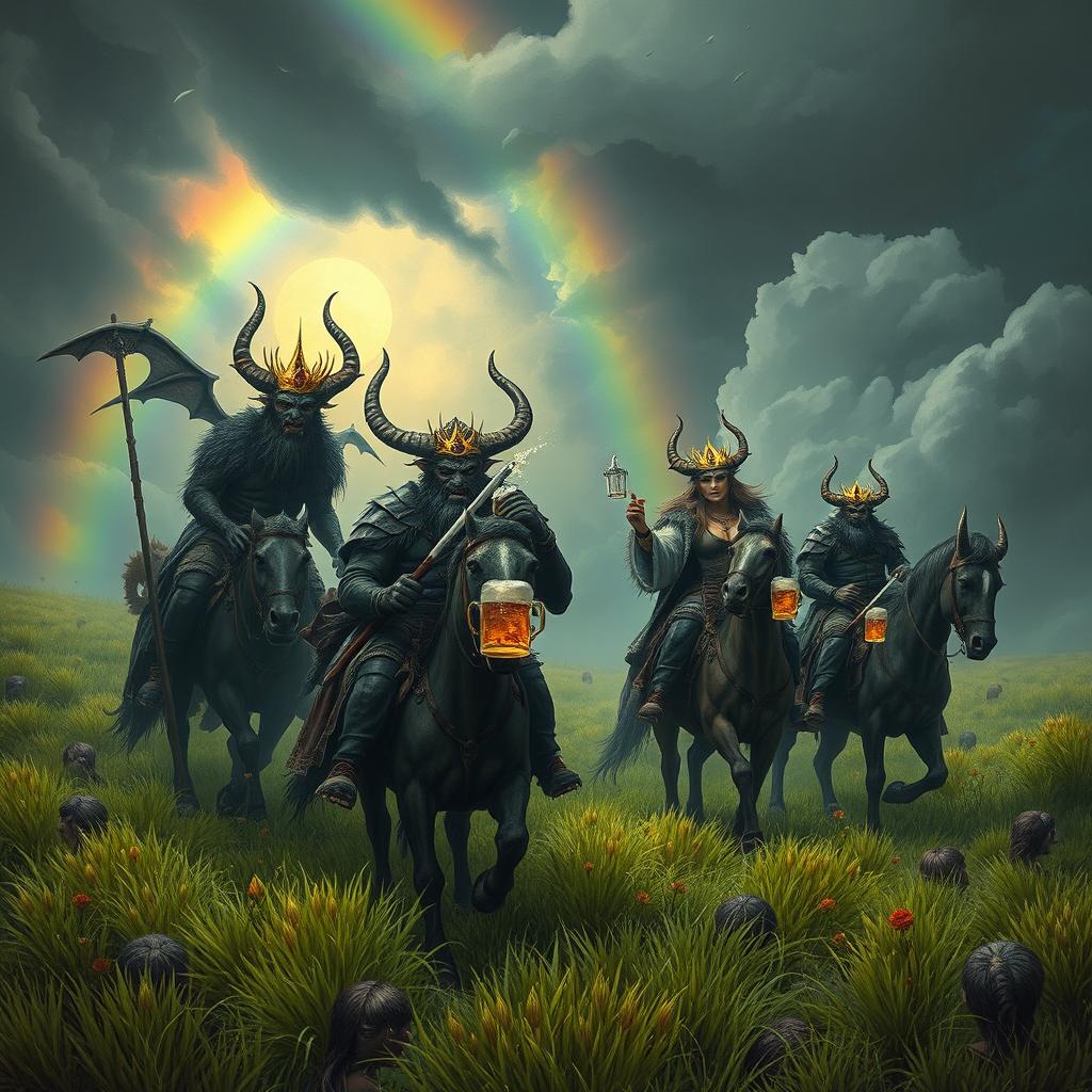 A fantastical scene featuring Grasshof demons riding in the fields of Barkley, heading into a storm with a rainbow in the background