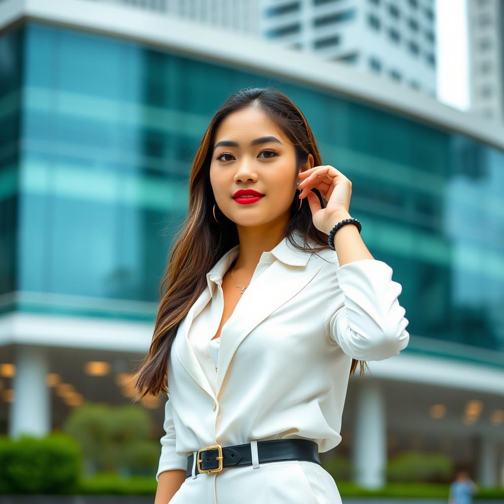 An attractive woman from Singapore, dressed in a stylish and elegant outfit