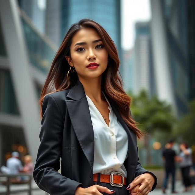 An attractive woman from Singapore, dressed in a stylish and elegant outfit