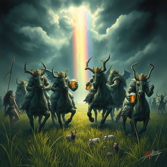 A fantastical scene featuring Grasshopper demons riding in the fields of Barkley, heading into a storm with a rainbow in the background