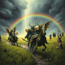 A fantastical scene featuring Grasshopper demons riding in the fields of Barkley, heading into a storm with a rainbow in the background