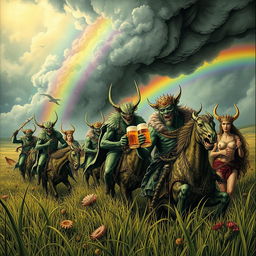 A fantastical scene featuring Grasshopper demons riding in the fields of Barkley, heading into a storm with a rainbow in the background