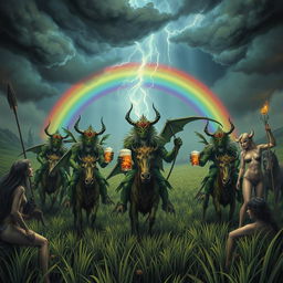 A fantastical scene featuring Grasshopper demons riding in the fields of Barkley, heading into a storm with a rainbow in the background