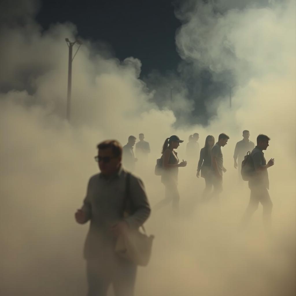 A surreal depiction of life amidst smoke, showing silhouettes of people going about their daily activities