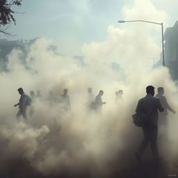 A surreal depiction of life amidst smoke, showing silhouettes of people going about their daily activities