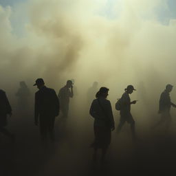 A surreal depiction of life amidst smoke, showing silhouettes of people going about their daily activities