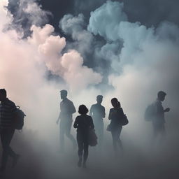 A surreal depiction of life amidst smoke, showing silhouettes of people going about their daily activities