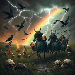 A fantastical scene featuring Grasshopper demons riding in the fields of Barkley, heading into a storm with a rainbow in the background