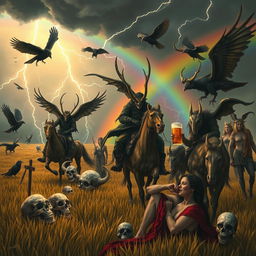 A fantastical scene featuring Grasshopper demons riding in the fields of Barkley, heading into a storm with a rainbow in the background