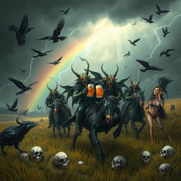 A fantastical scene featuring Grasshopper demons riding in the fields of Barkley, heading into a storm with a rainbow in the background