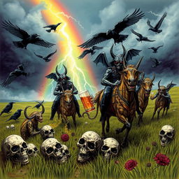 A fantastical scene featuring Grasshopper demons riding in the fields of Barkley, heading into a storm with a rainbow in the background