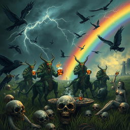 A fantastical scene featuring Grasshopper demons riding in the fields of Barkley, heading into a storm with a rainbow in the background