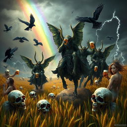 A fantastical scene featuring Grasshopper demons riding in the fields of barley, heading into a storm with a rainbow in the background