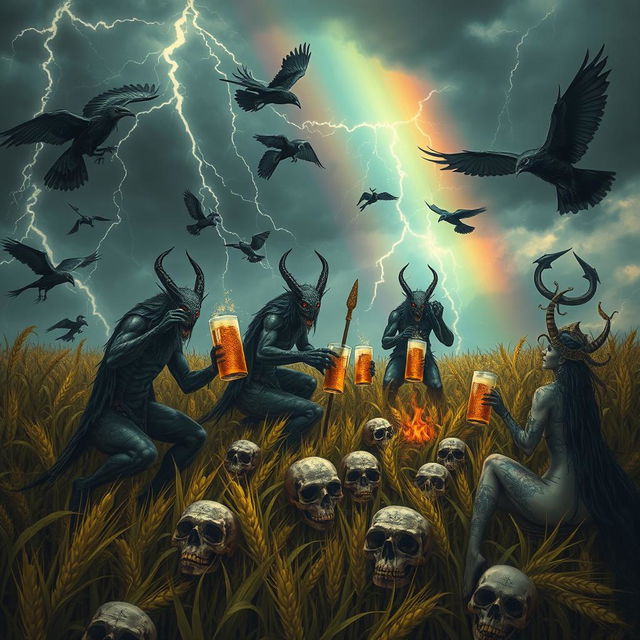 A fantastical scene featuring Grasshopper demons riding in the fields of barley, heading into a storm with a rainbow in the background