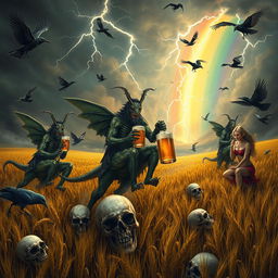 A fantastical scene featuring Grasshopper demons riding in the fields of barley, heading into a storm with a rainbow in the background