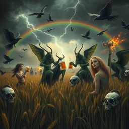 A fantastical scene featuring Grasshopper demons riding in the fields of barley, heading into a storm with a rainbow in the background