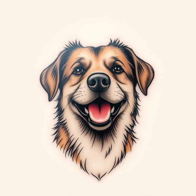 A detailed tattoo design featuring a happy and content dog