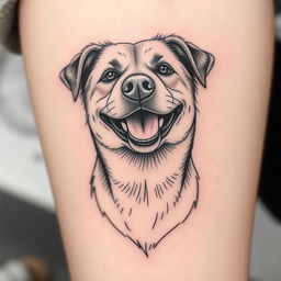 A detailed tattoo design featuring a happy and content dog