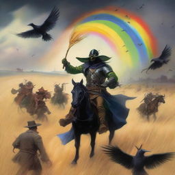 A fantastical scene featuring Grasshopper demons riding in the fields of barley, heading into a storm with a rainbow in the background