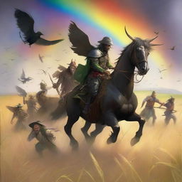 A fantastical scene featuring Grasshopper demons riding in the fields of barley, heading into a storm with a rainbow in the background