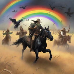 A fantastical scene featuring Grasshopper demons riding in the fields of barley, heading into a storm with a rainbow in the background