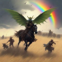 A fantastical scene featuring Grasshopper demons riding in the fields of barley, heading into a storm with a rainbow in the background