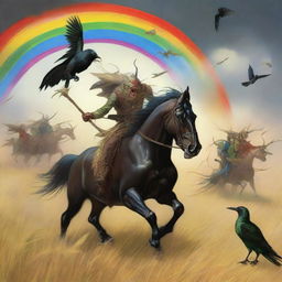 A fantastical scene featuring Grasshopper demons riding in the fields of barley, heading into a storm with a rainbow in the background