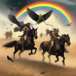 A fantastical scene featuring Grasshopper demons riding in the fields of barley, heading into a storm with a rainbow in the background