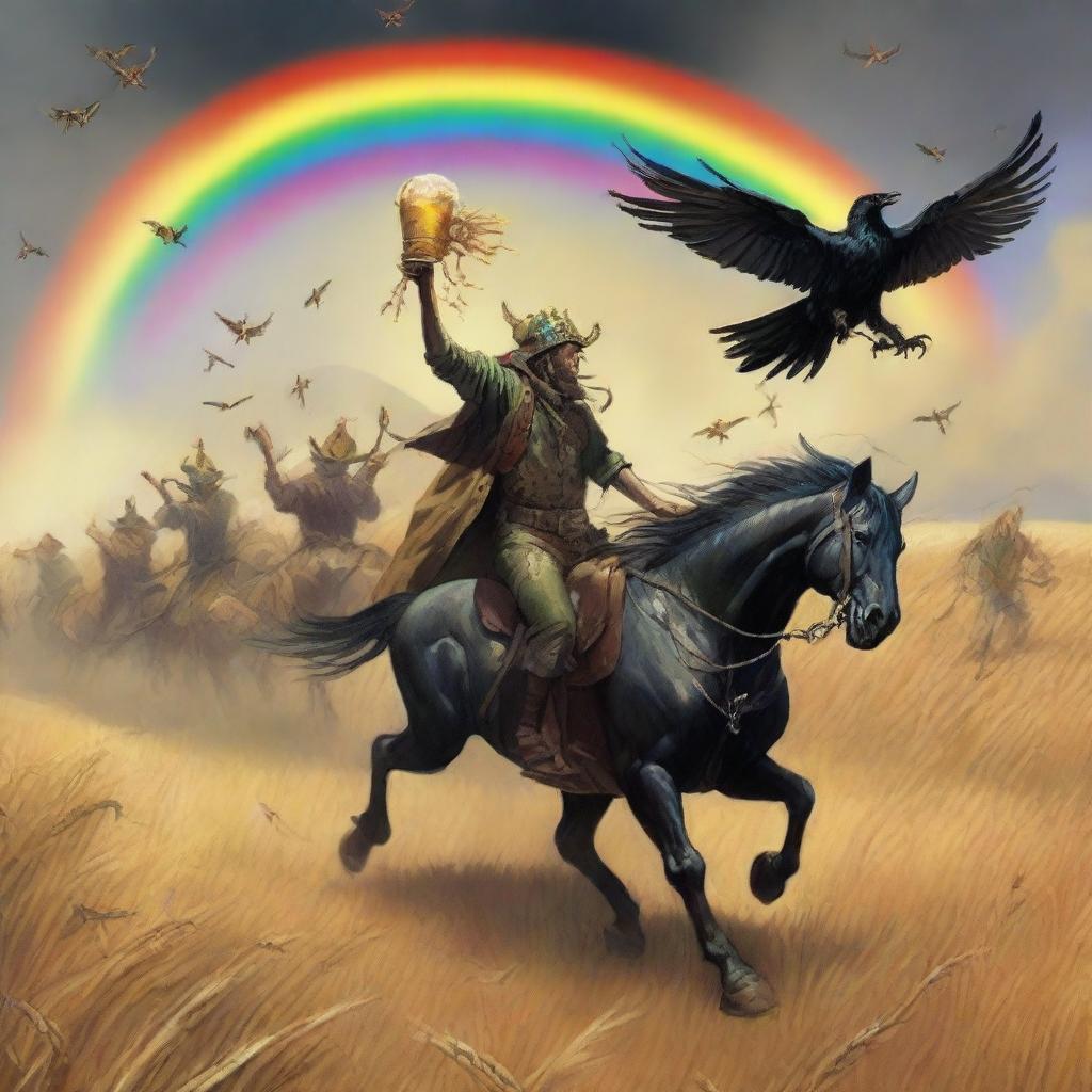 A fantastical scene featuring Grasshopper demons riding in the fields of barley, heading into a storm with a rainbow in the background