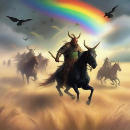 A fantastical scene featuring Grasshopper demons riding in the fields of barley, heading into a storm with a rainbow in the background