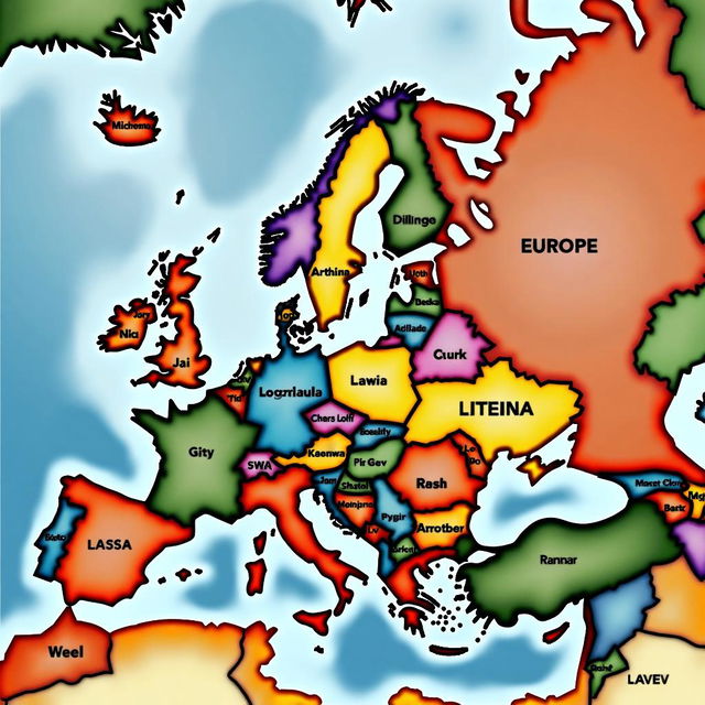 Create a detailed map of Europe with countries, major cities, geographical features, a legend, compass rose, and scale bar.