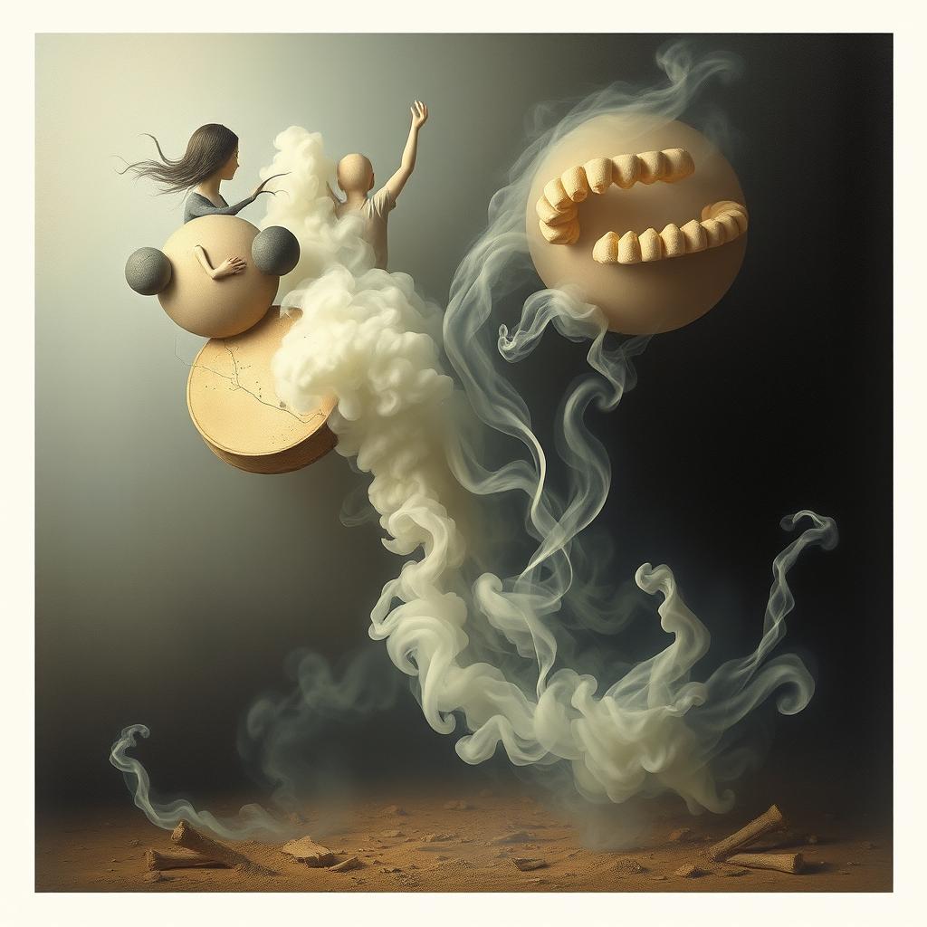 A surrealistic scene titled 'La vie en fumée', depicting life dissolving into smoke