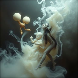 A surrealistic scene titled 'La vie en fumée', depicting life dissolving into smoke