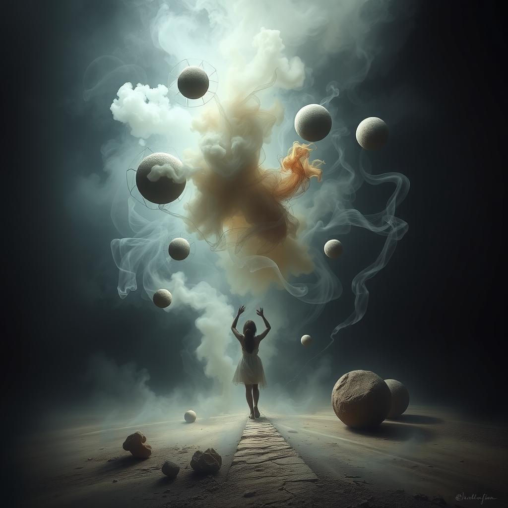 A surrealistic scene titled 'La vie en fumée', depicting life dissolving into smoke