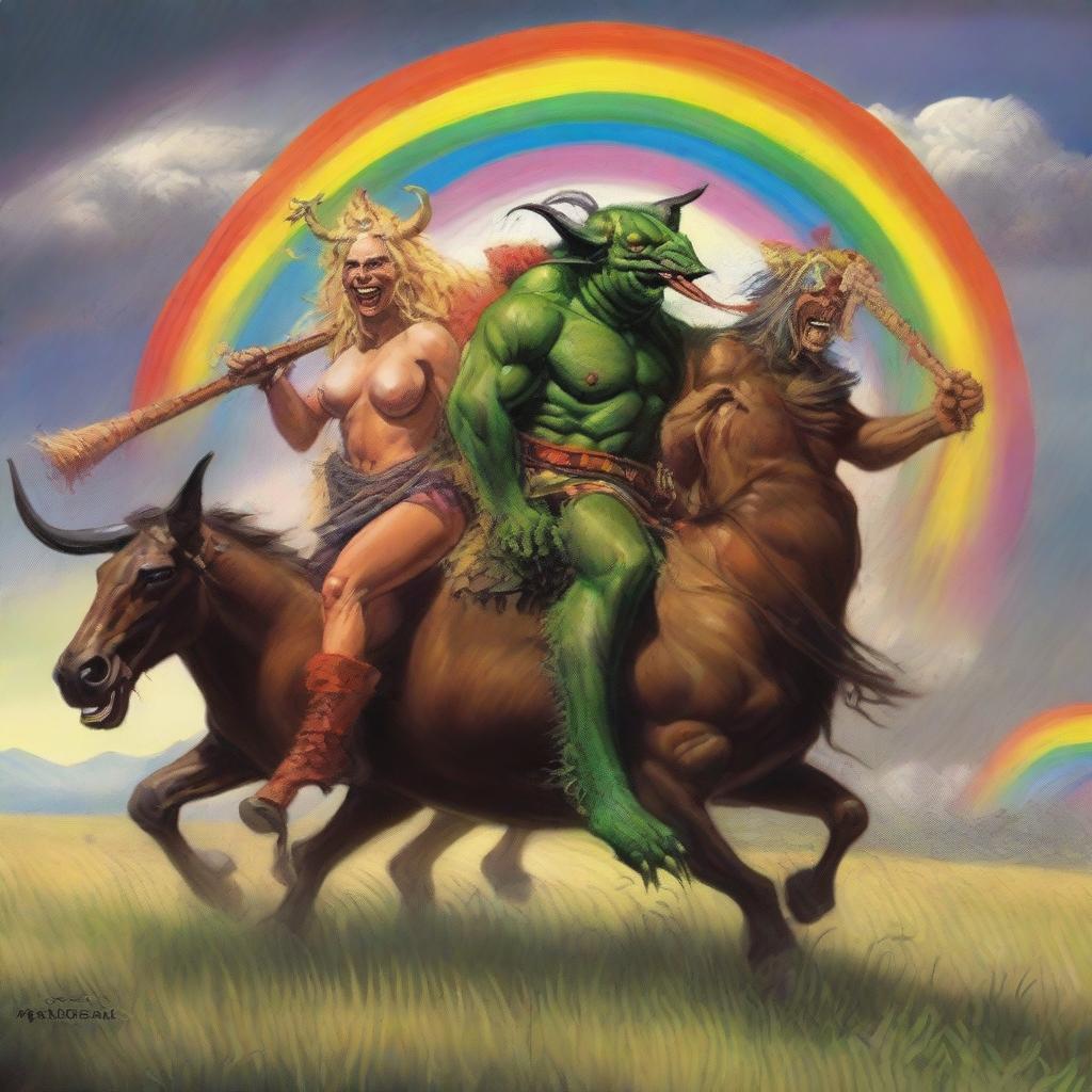 A group of grasshopper demons riding through the fields of Barkley into a storm with a rainbow in the background