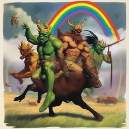 A group of grasshopper demons riding through the fields of Barkley into a storm with a rainbow in the background