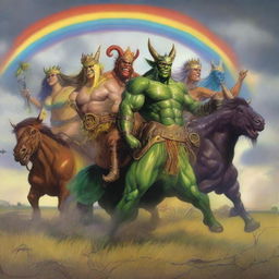 A group of grasshopper demons riding through the fields of Barkley into a storm with a rainbow in the background