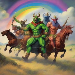 A group of grasshopper demons riding through the fields of Barkley into a storm with a rainbow in the background