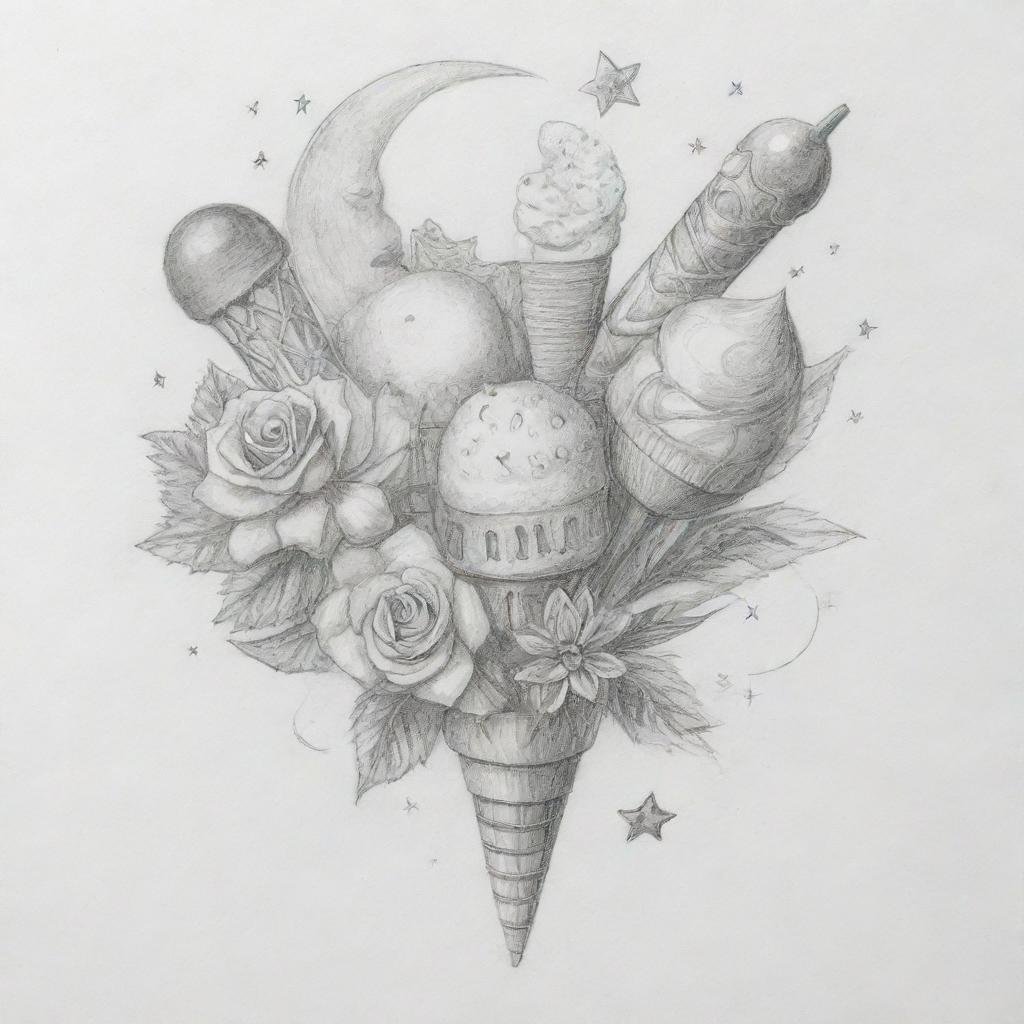 A pencil sketch of a bouquet where flowers are represented as an ice cream, sun, moon, and music note. The bouquet is decorated with star, leaf, candy, and gift-shaped toppings.