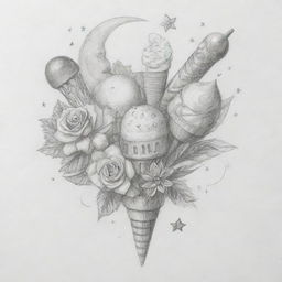 A pencil sketch of a bouquet where flowers are represented as an ice cream, sun, moon, and music note. The bouquet is decorated with star, leaf, candy, and gift-shaped toppings.