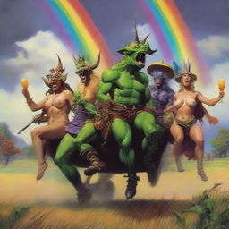 A group of grasshopper demons riding through the fields of Barkley into a storm with a rainbow in the background