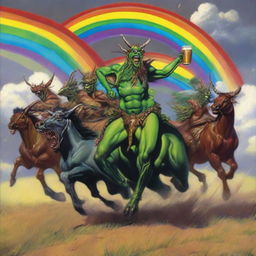 A group of grasshopper demons riding through the fields of Barkley into a storm with a rainbow in the background