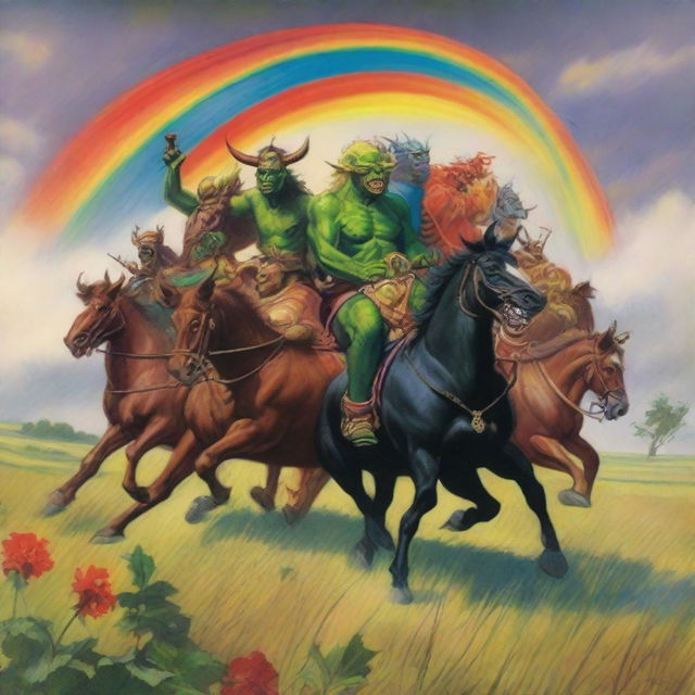 A group of grasshopper demons riding through the fields of Barkley into a storm with a rainbow in the background