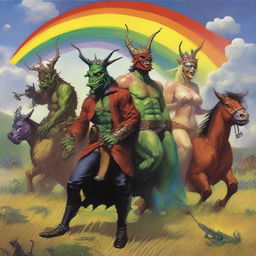 A group of grasshopper demons riding through the fields of Barkley into a storm with a rainbow in the background