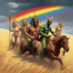 A group of grasshopper demons riding through the fields of barley into a storm with a rainbow in the background