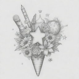 A pencil sketch of a bouquet where flowers are represented as an ice cream, sun, moon, and music note. The bouquet is decorated with star, leaf, candy, and gift-shaped toppings.