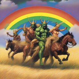 A group of grasshopper demons riding through the fields of barley into a storm with a rainbow in the background