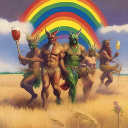 A group of grasshopper demons riding through the fields of barley into a storm with a rainbow in the background